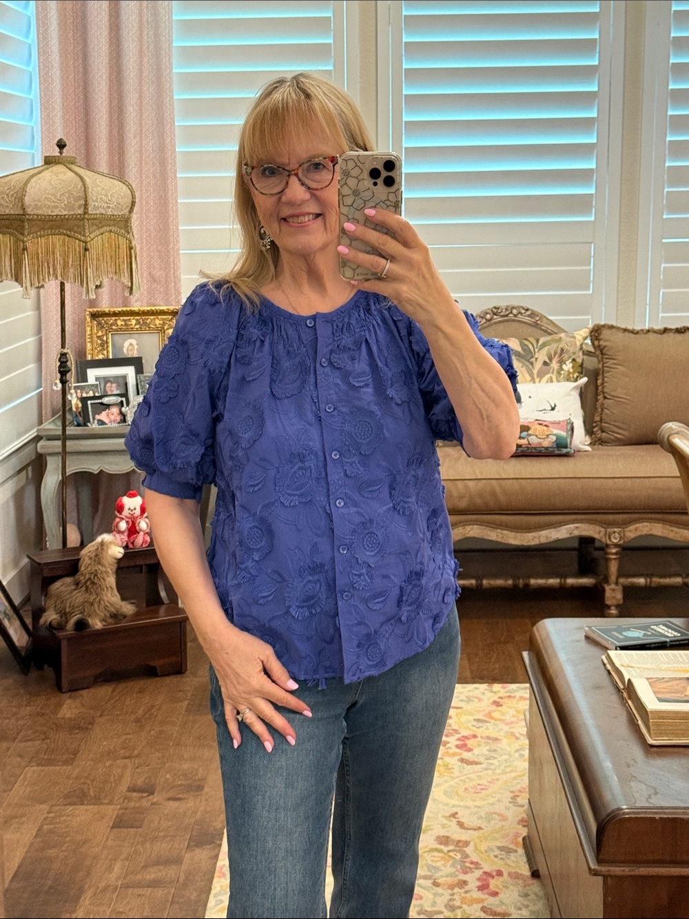 Chico's Royal Blue Textured Floral Puff-Sleeve Blouse